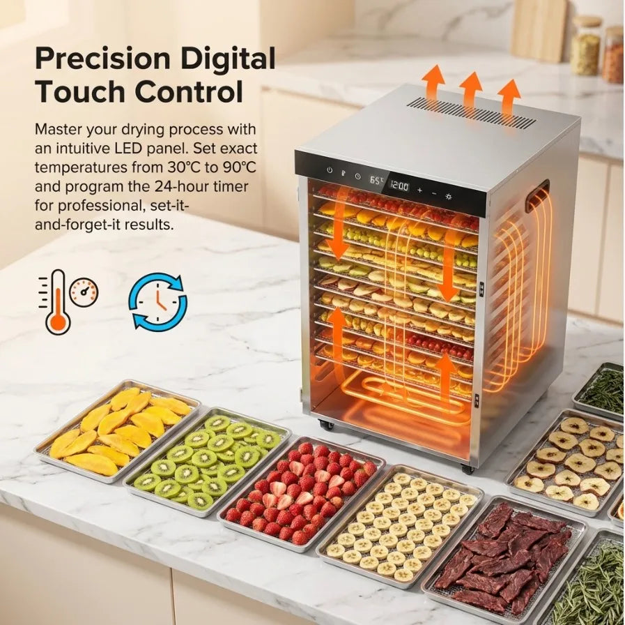 2000W Commercial Food Dehydrator 20 Trays Stainless Steel Jerky Maker 110V 220V Meat Fruit Dryer Machine 30-90℃ Pet Treat