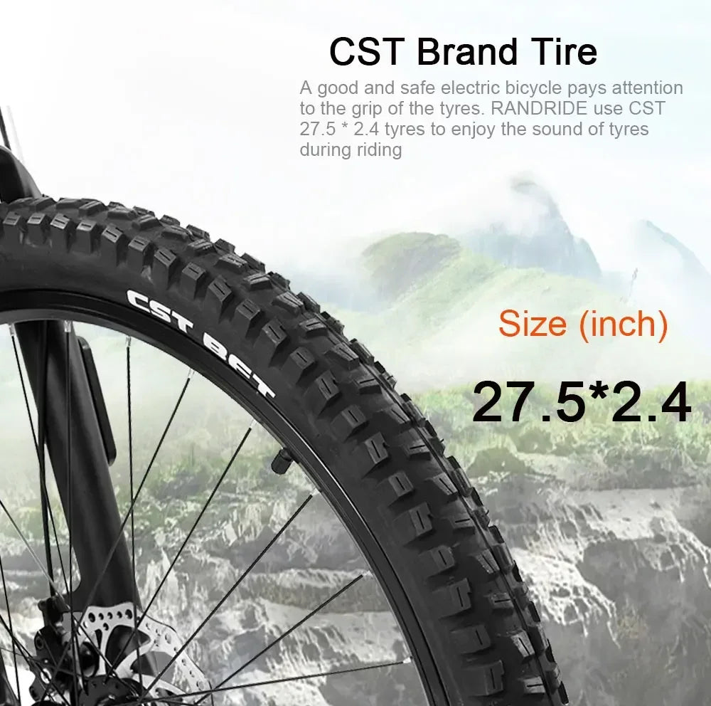 Electric Bicycle RANDRIDE YG90 1000W 48V17AH Hydraulic Brake E-bike with Full Suspension 21 Gears Shift Free Rack Electric bike