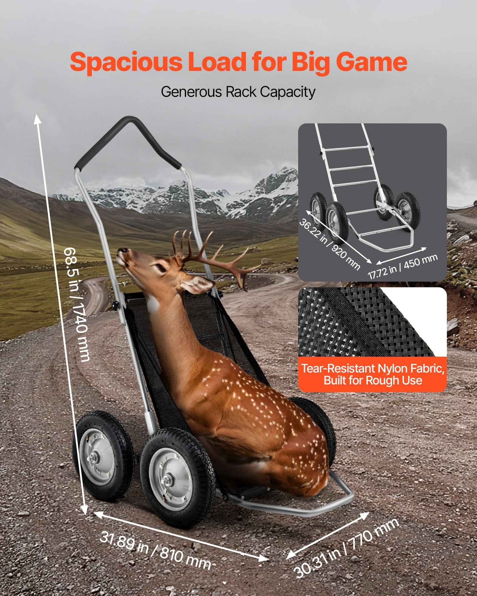 Game Carts For Hunting, 500LBS Deer Cart Game Hauler, Heavy-Duty Crawler Cart, All-Terrain Folding Deer Hauling Cart With Shock-Absorbing Tires, Utility Gear Dolly For Hunting Fishing Hiking