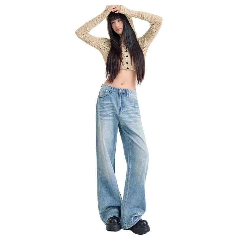 Womens Light-blue Washed Wide-leg Jeans