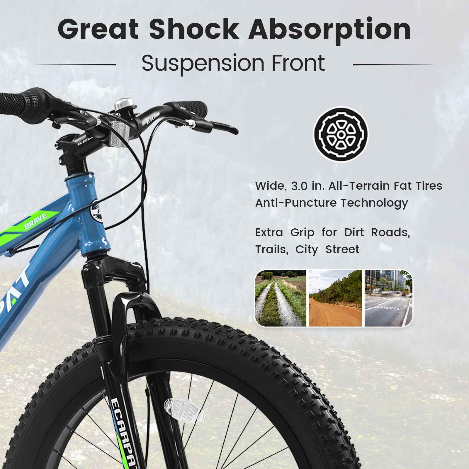 S24109 Elecony 24 Inch Fat Tire Bike Youth Full Shimano 7 Speeds Mountain Bike, Dual Disc Brake, High-Carbon Steel Frame, Front Suspension, Mountain Trail Bike, Urban Commuter City Bicycle