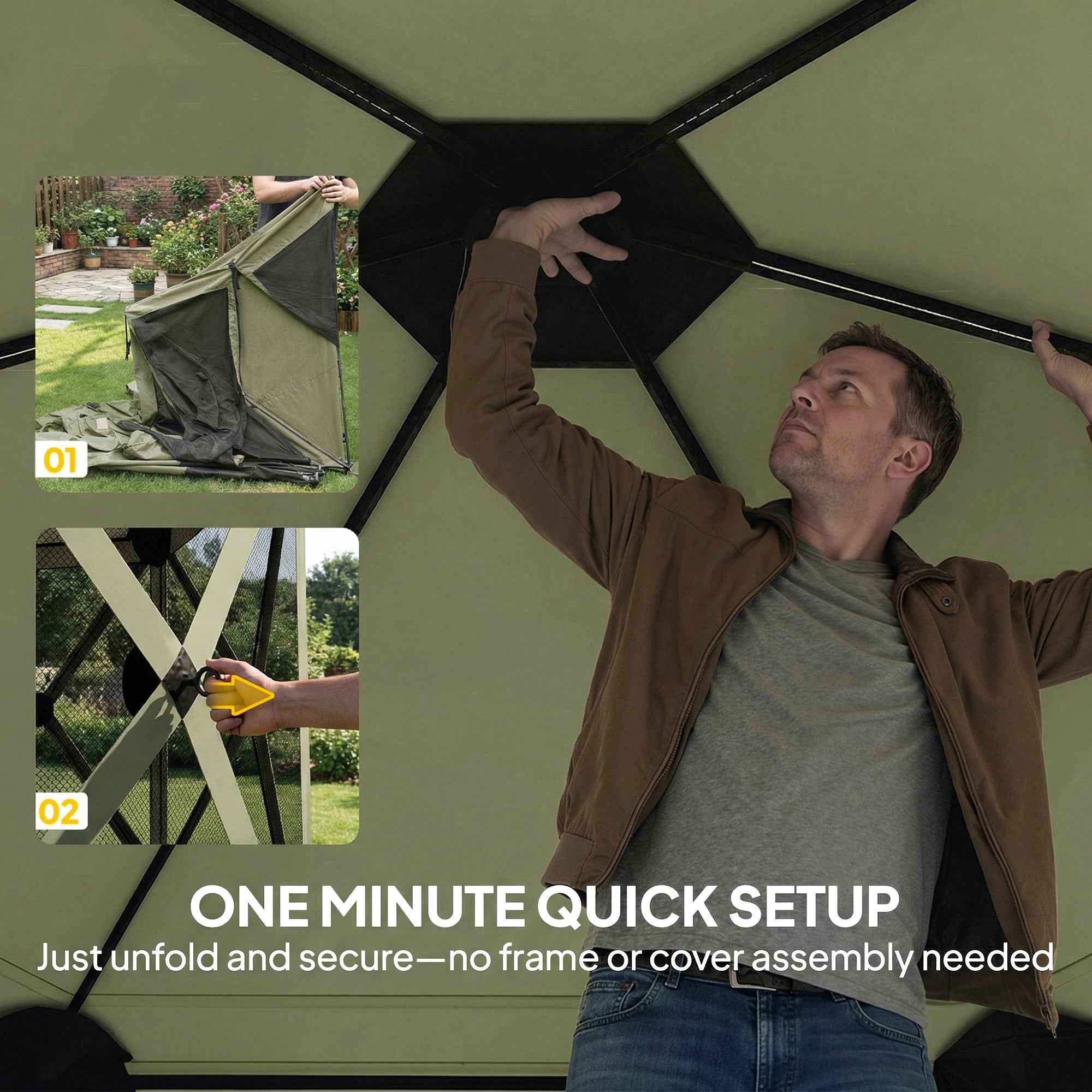 10 x 11 ft Pop Up Gazebo Screen Tent, Portable Instant Camping Canopy Screen House with Nettings, Carry Bag, Dark Green