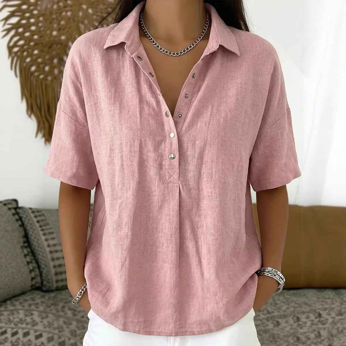 Summer Short-sleeved Shirt Button Pullover Top Fashion Casual Women&