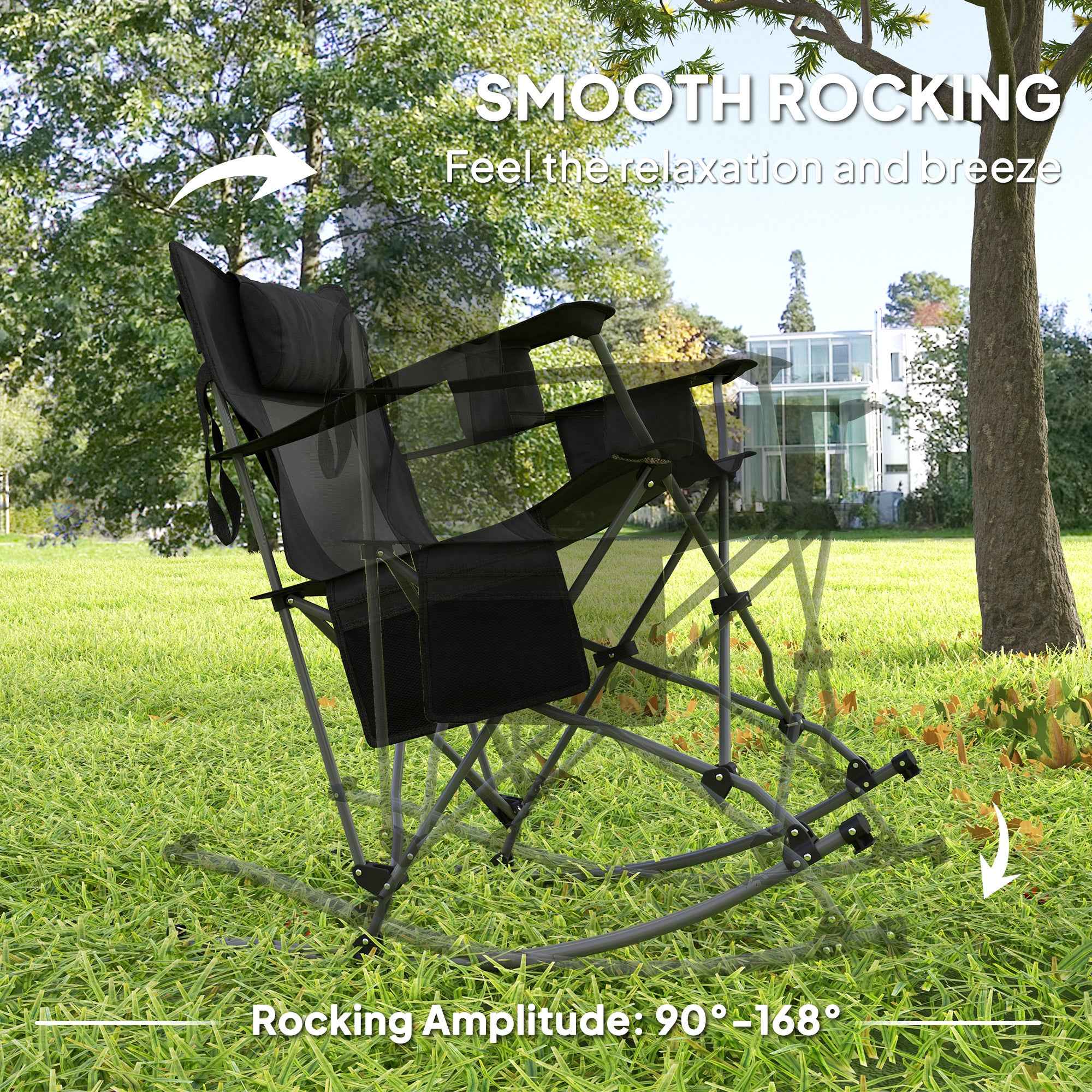 Folding Rocking Camping Chairs, Portable Chairs With Headrest, Cooler Bag, Cup Holder, Carry Bag, 2 Pack, Black