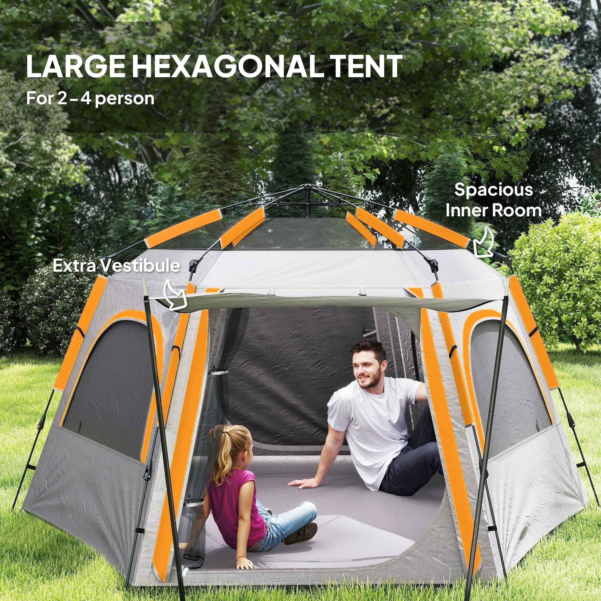 Instant Pop Up Camping Tent, 2/3/4 Person Easy Setup Dome Family Tent With Vestibule, Rainfly, 4 Mesh Windows & 2 Doors, Hexagonal Design, Waterproof & UV Protected, Light Grey