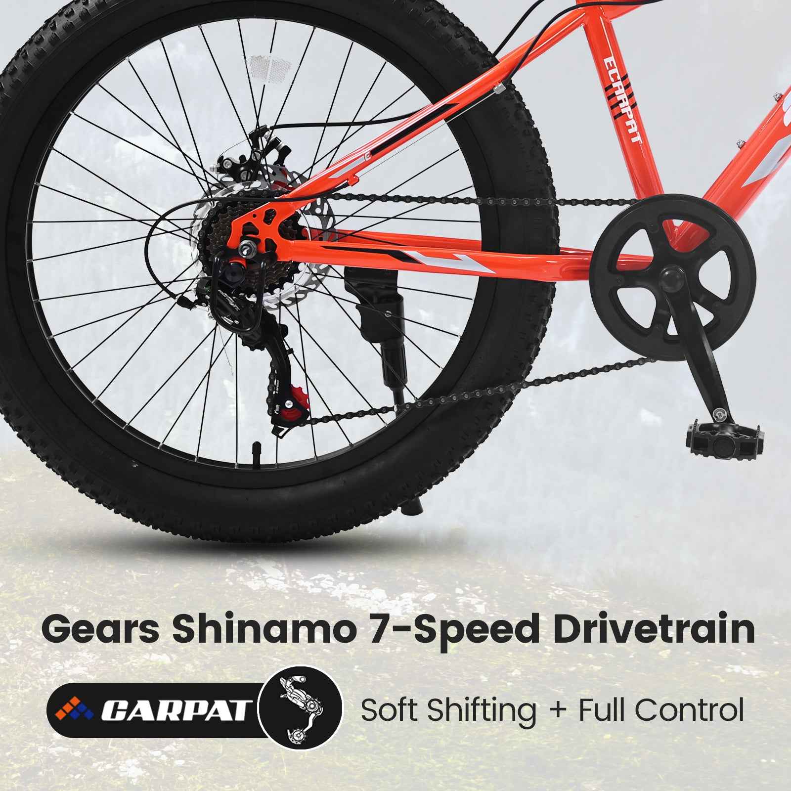 S24109 Elecony 24 Inch Fat Tire Bike Youth Full Shimano 7 Speeds Mountain Bike, Dual Disc Brake, High-Carbon Steel Frame, Front Suspension, Mountain Trail Bike, Urban Commuter City Bicycle