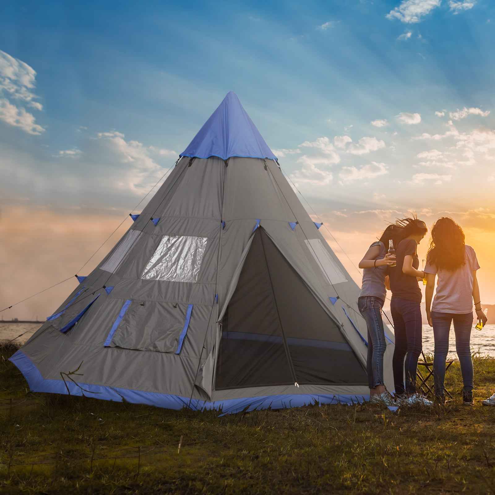 12Ft Camping Tent 6-7 Person 4 Season with 8 Mesh Windows, Outdoor Teepee Tent with Waterproof Material