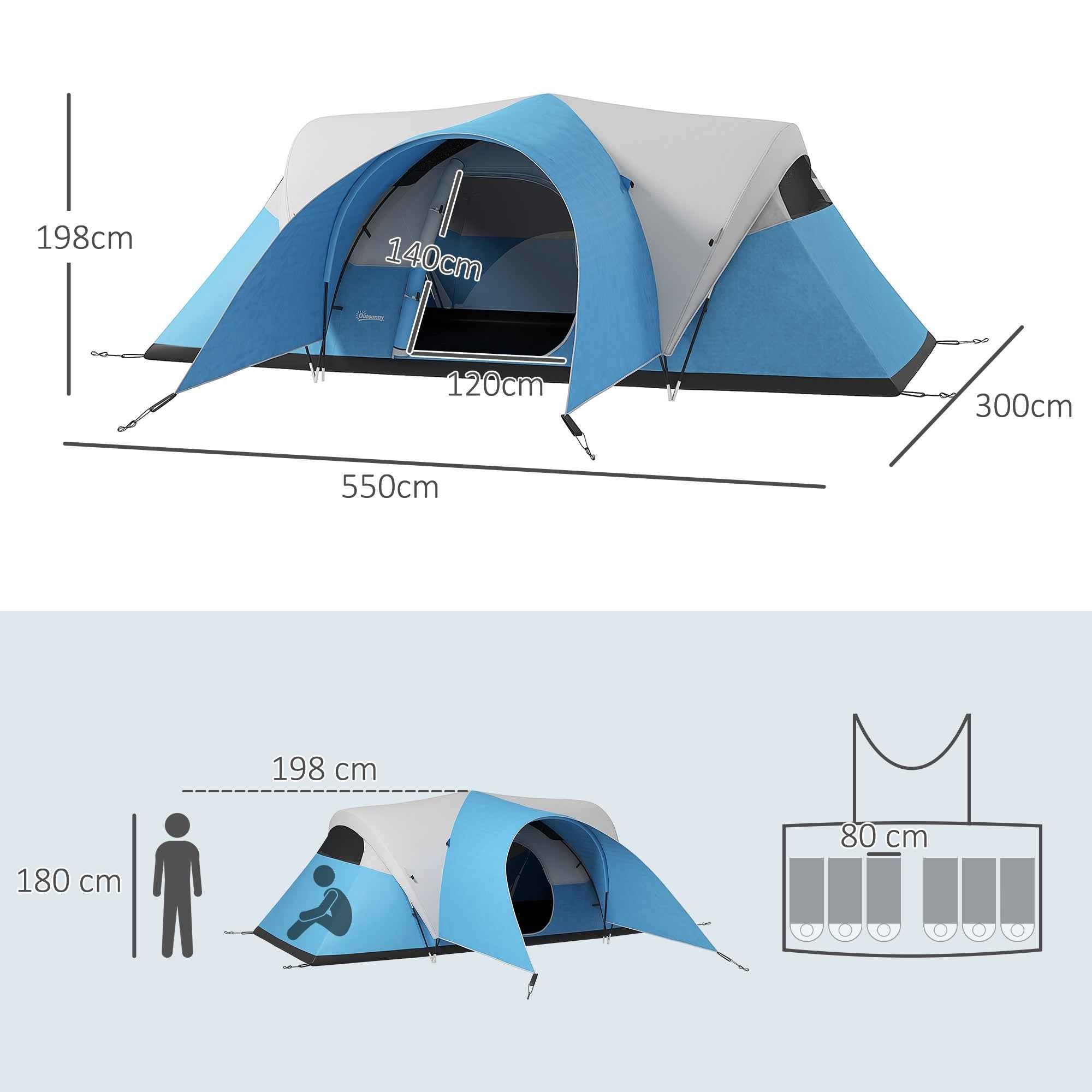 3000mm Waterproof Camping Tent For 5-6 Man, Family Tent With Porch And Sewn In Groundsheet, Portable With Bag, Blue