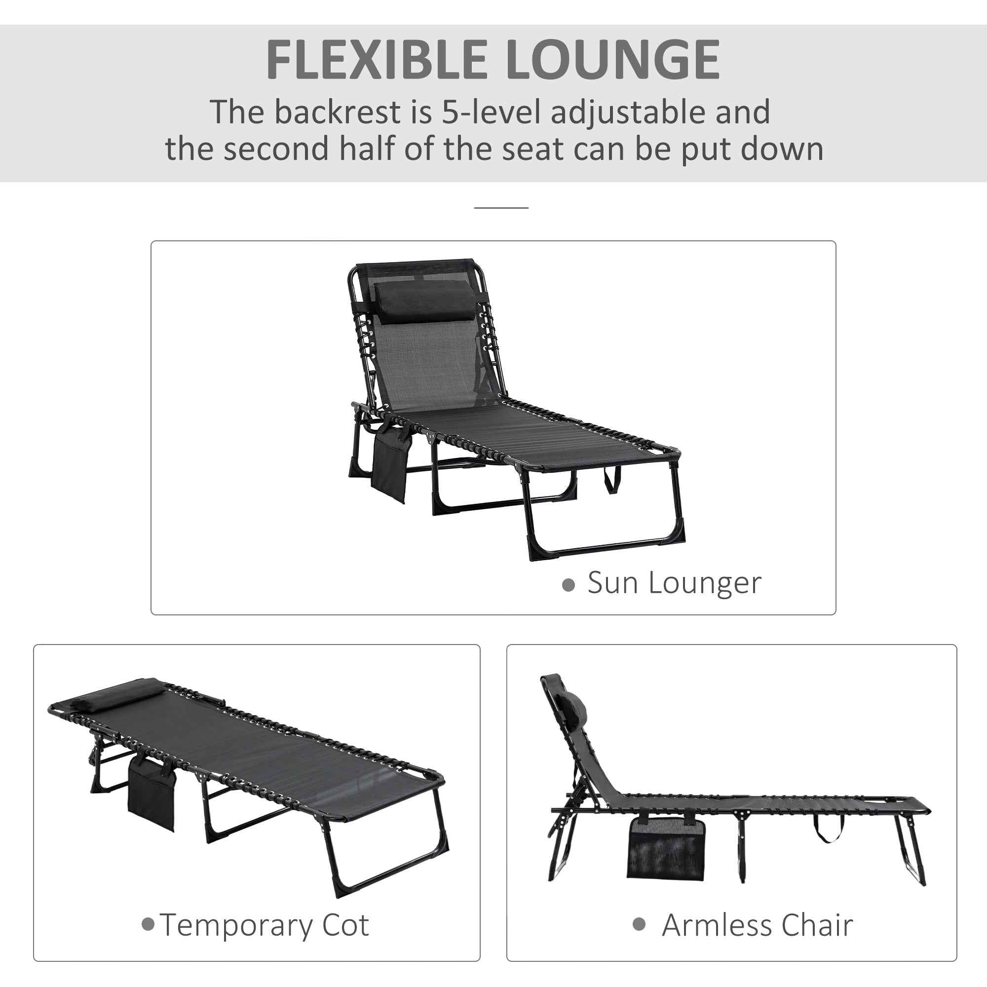Reclining Chaise Lounge Chair, Portable Sun Lounger, Folding Camping Cot with Adjustable Backrest and Removable Pillow, for Patio, Garden, Beach, Black