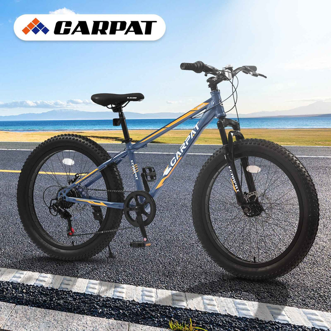 S24109 Elecony 24 Inch Fat Tire Bike Youth Full Shimano 7 Speeds Mountain Bike, Dual Disc Brake, High-Carbon Steel Frame, Front Suspension, Mountain Trail Bike, Urban Commuter City Bicycle