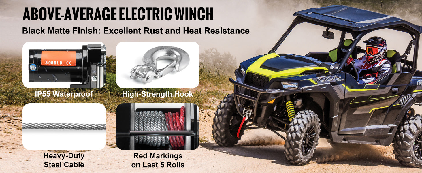 SucceBuy 3000lbs ATV/UTV Electric Winch 12V Steel Rope Winch with 39 ft Cable Roller Wired Remote Control for Towing Off-Road