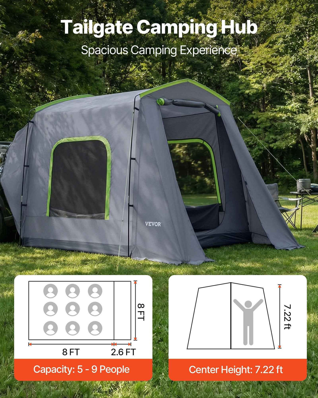Large SUV Tent For 5–9 Person, 10.6 X 8 FT All-Season SUV Tailgate Tent With Ventilated Door & Mesh Windows, PU3000mm Waterproof Dual-Use Car Rear Hatch Tents For Outdoor Camping Hiking