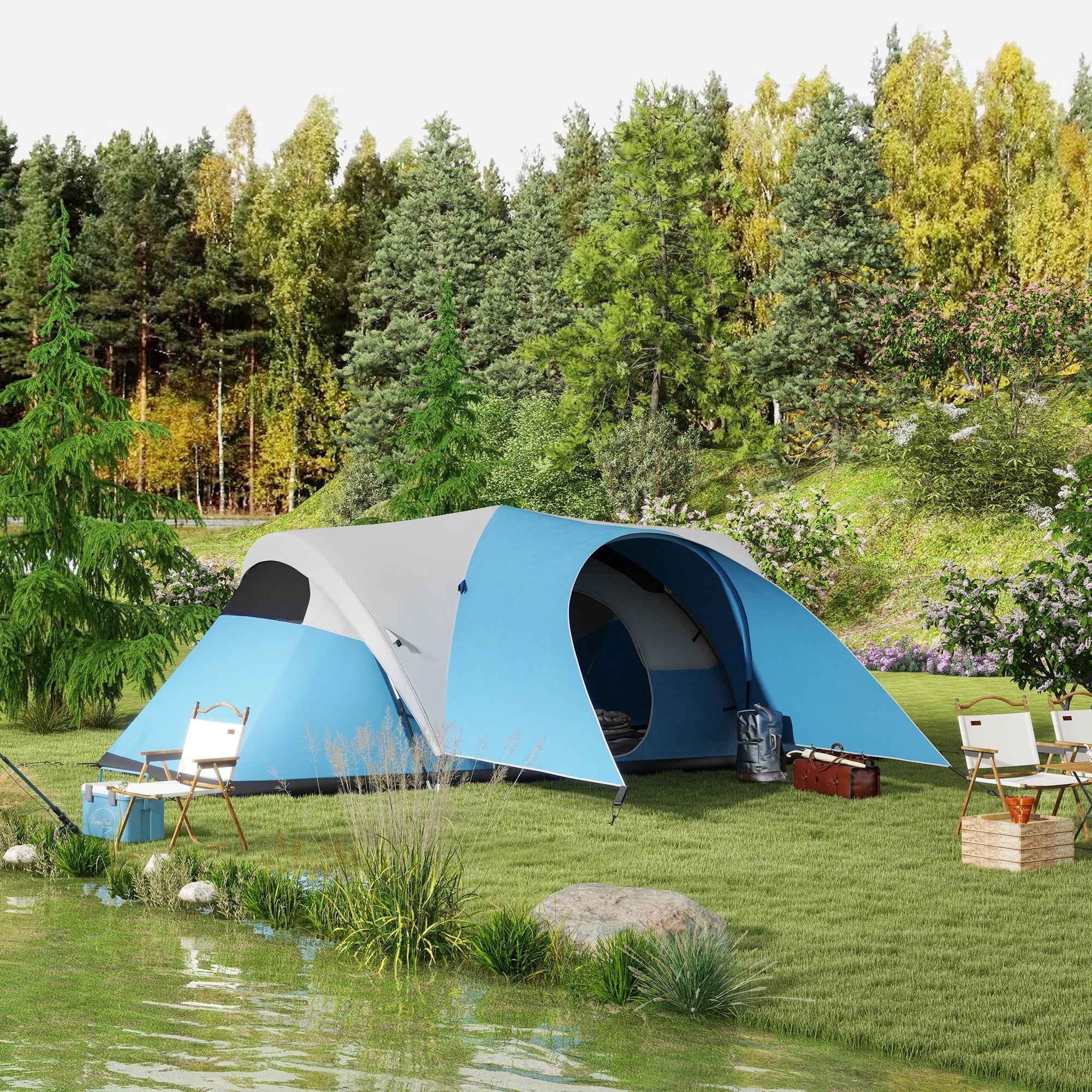 3000mm Waterproof Camping Tent For 5-6 Man, Family Tent With Porch And Sewn In Groundsheet, Portable With Bag, Blue