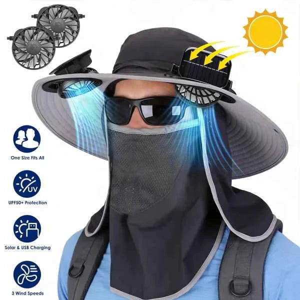 2 In 1 Solar Fan Hat UPF50 &amp; Sun Hat With Fans Wide Brim Fishing Hat With Face Cover Neck Flap Solar USB Charging For Hiking Gardening Outdoor Work