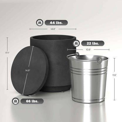 2.6 Gal Outdoor Side Table, 3-In-1 Concrete Cooler Bar Table With Storage, Removable Ice Bucket And Lid, Charcoal Gray