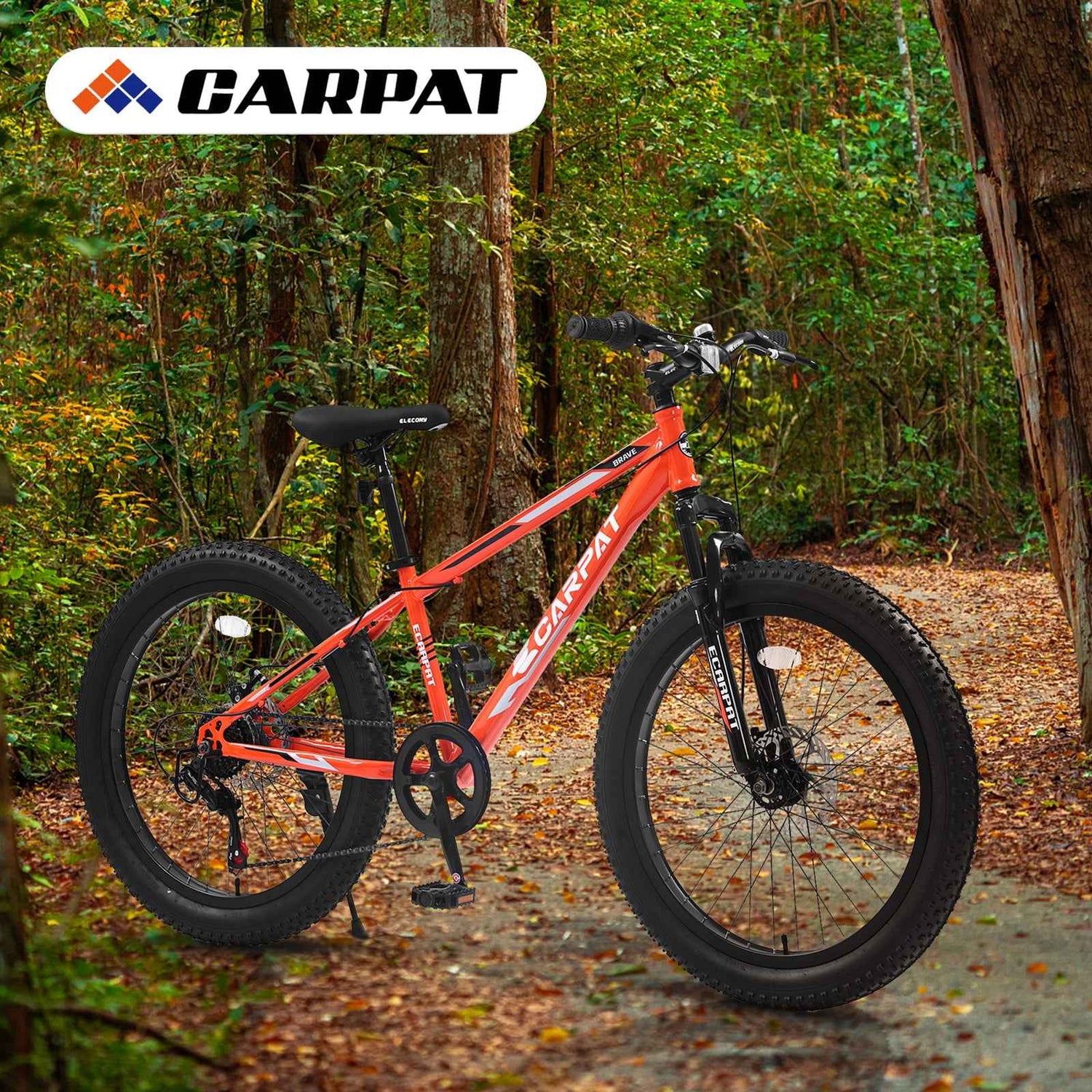 S24109 Elecony 24 Inch Fat Tire Bike Youth Full Shimano 7 Speeds Mountain Bike, Dual Disc Brake, High-Carbon Steel Frame, Front Suspension, Mountain Trail Bike, Urban Commuter City Bicycle