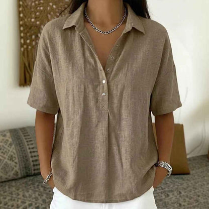 Summer Short-sleeved Shirt Button Pullover Top Fashion Casual Women&