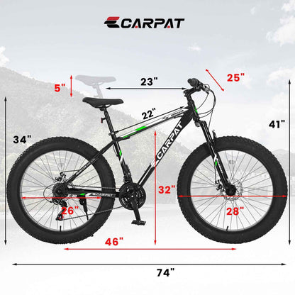 S26109 Elecony 26 Inch Fat Tire Bike Adult&amp;Youth Full Shimano 21 Speed Mountain Bike, Dual Disc Brake, High-Carbon Steel Frame, Front Suspension, Mountain Trail Bike, Urban Commuter City Bicycle