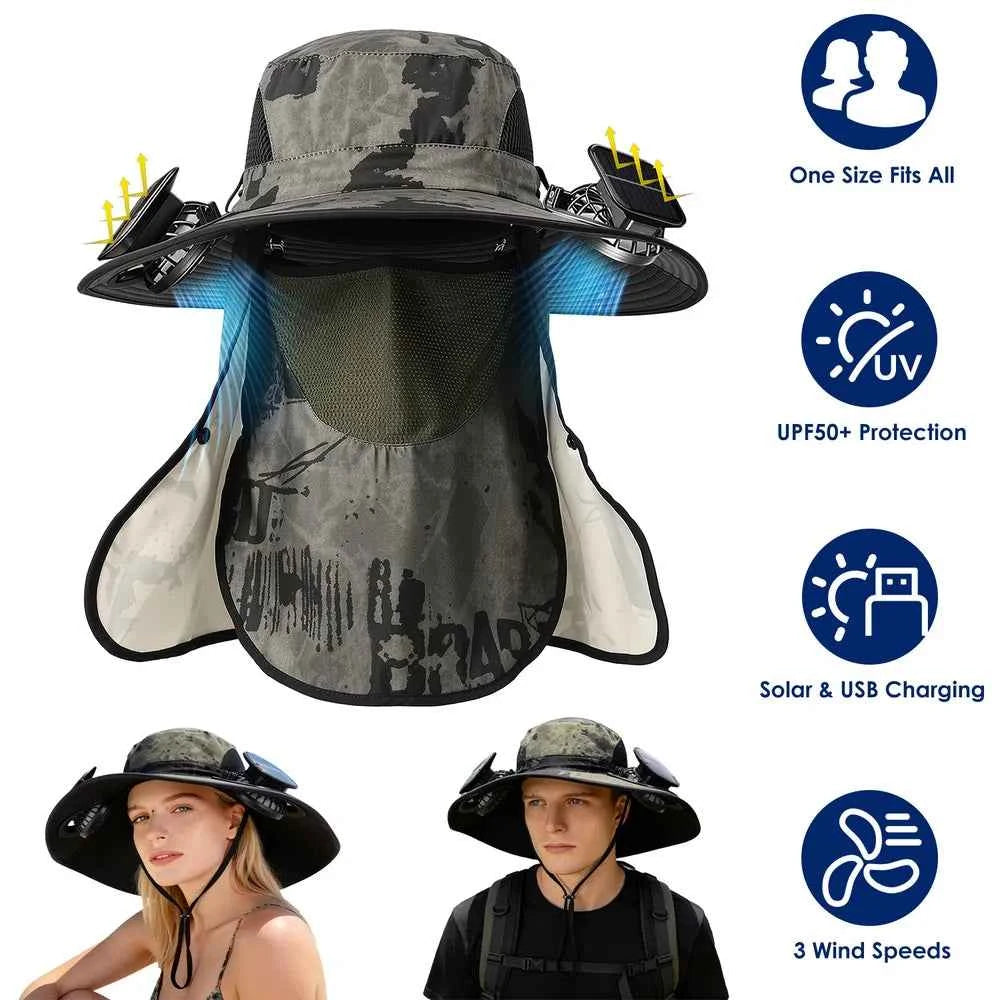 2 In 1 Solar Fan Hat UPF50 &amp; Sun Hat With Fans Wide Brim Fishing Hat With Face Cover Neck Flap Solar USB Charging For Hiking Gardening Outdoor Work