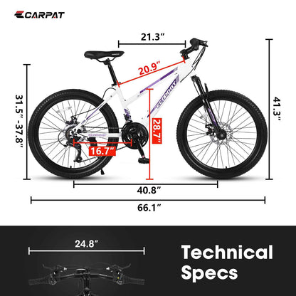 S26103 26 Inch Mountain Bike For Teenagers Girls Women, Shimano 21 Speeds With Dual Disc Brakes And 100mm Front Suspension