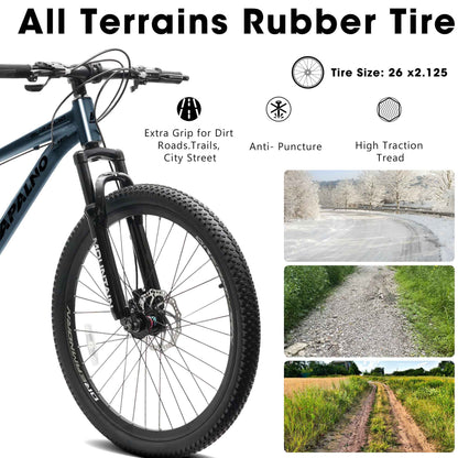 A26317 KIAPALNO 26 Inch All-Terrain Mountain Bike With Disc Brakes 21-Speed Drivetrain &amp; Durable Carbon Steel Frame Ideal For Men And Women, Perfect For Trail Riding And Touring