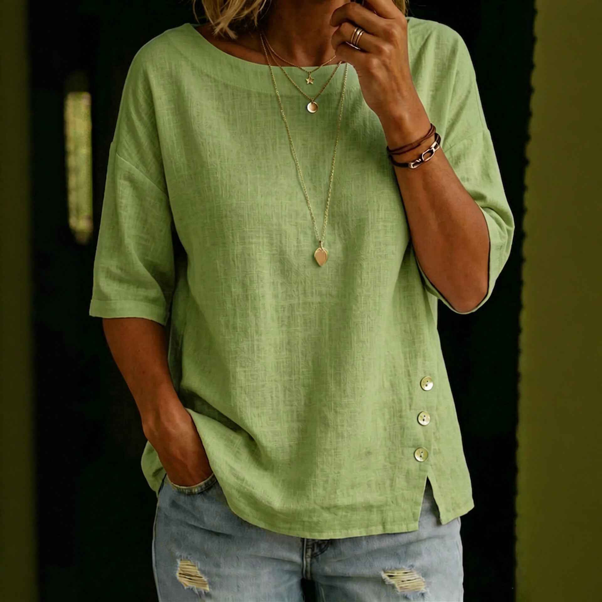 Asymmetrical Button Design Round Neck Loose-fitting Casual Top