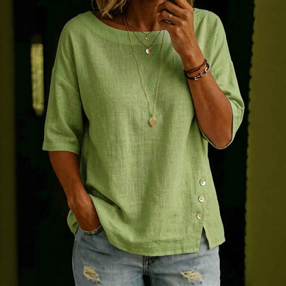 Asymmetrical Button Design Round Neck Loose-fitting Casual Top