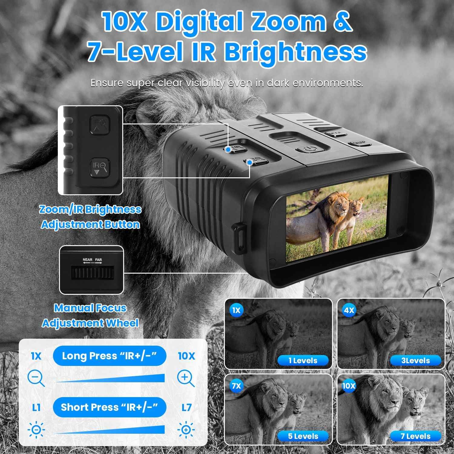 1Pc Night Vision Goggles 4K Full-Color Binoculars 10X Zoom With 2624ft Viewing Range 3in Screen 64G MMC Card WIFI APP Control Save Photo And Video For Camping Hunting &amp; Security