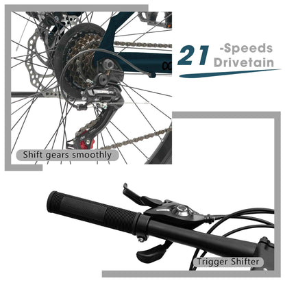 A26317 KIAPALNO 26 Inch All-Terrain Mountain Bike With Disc Brakes 21-Speed Drivetrain &amp; Durable Carbon Steel Frame Ideal For Men And Women, Perfect For Trail Riding And Touring