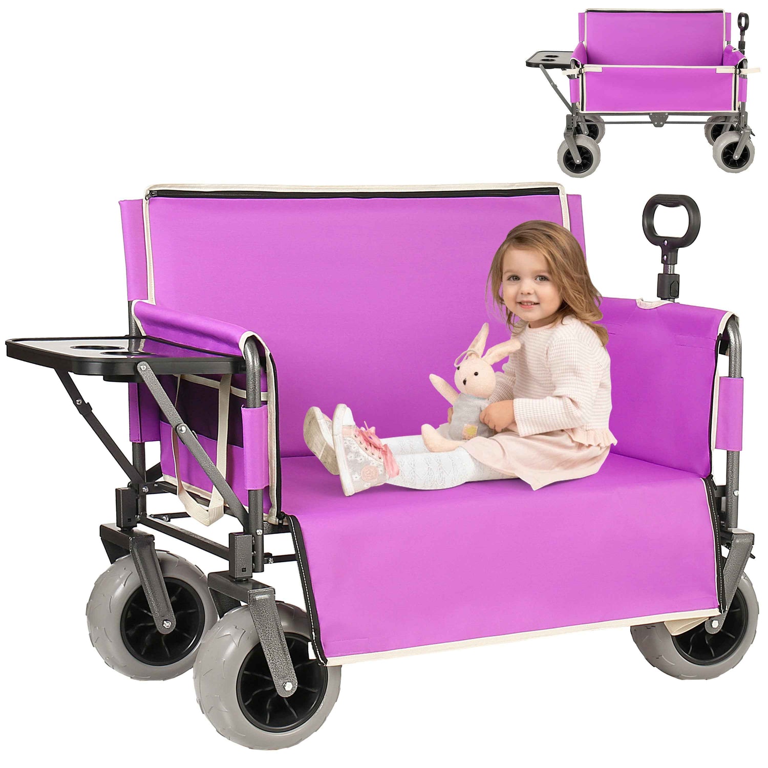 3- In- 1 Collapsible Wagon Converts To Bench Convertible Folding Wagon Cart With Rear- Mounted Folding Tabletop  500lbs Heavy- Duty  180L Capacity For Camping  Beach  Garden  Fishing- Purple