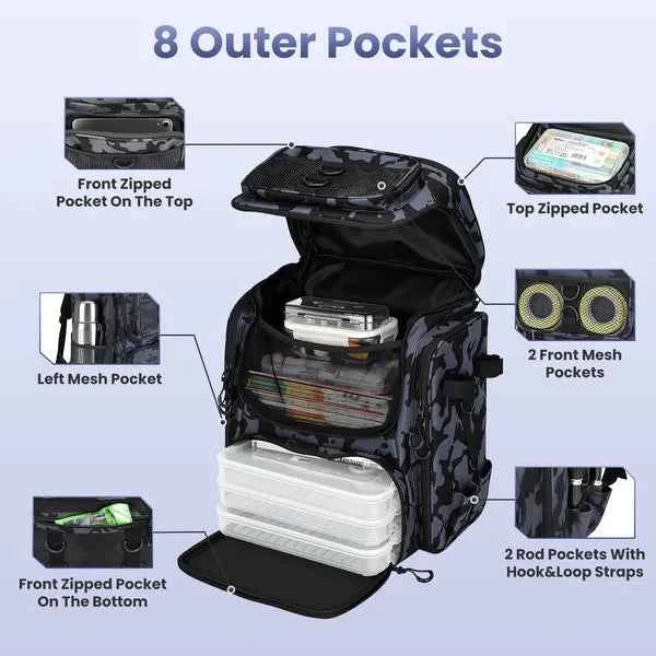 42L&amp;11Gal Fishing Backpack Large Capacity Fishing Tackle Storage Bag With Rod Holders 16-Pocket Water-Resistant With Divider Adjustable Padded Straps For Fishing Gear Outdoor Camping Hiking