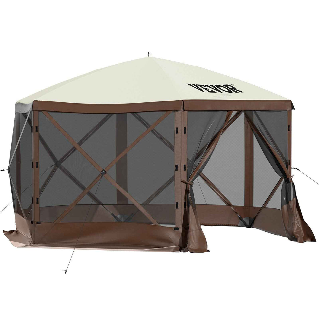 VEVOR Camping Gazebo Tent, 6 Sided Pop-up Canopy Screen Tent For 8 Person Camping, Waterproof Screen Shelter Portable Storage Bag, Ground Stakes, Mesh Windows, Brown &amp; Beige