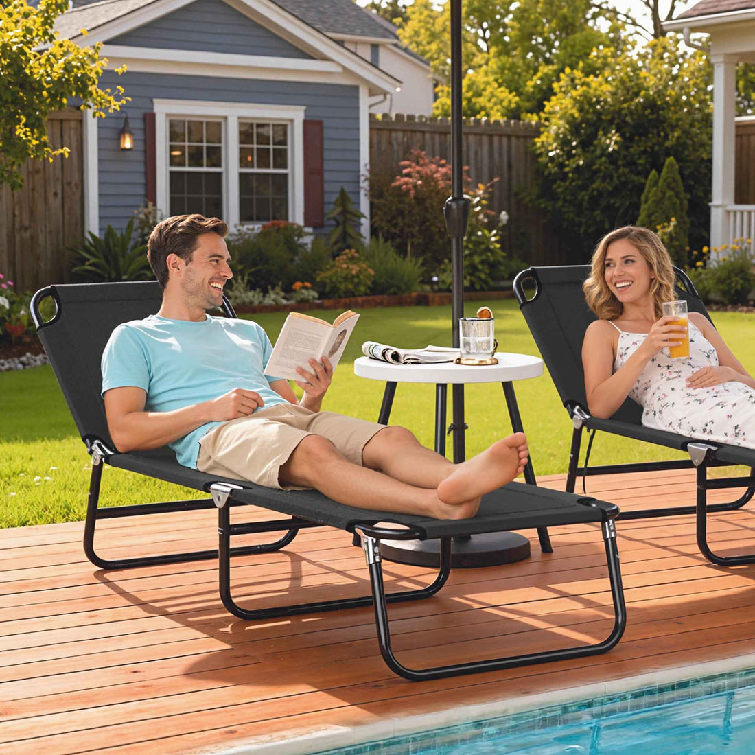 Folding Chaise Lounge Pool Chairs, Outdoor Sun Tanning Chairs with 5-Level Reclining Back, Steel Frame for Beach, Yard, Patio, Black