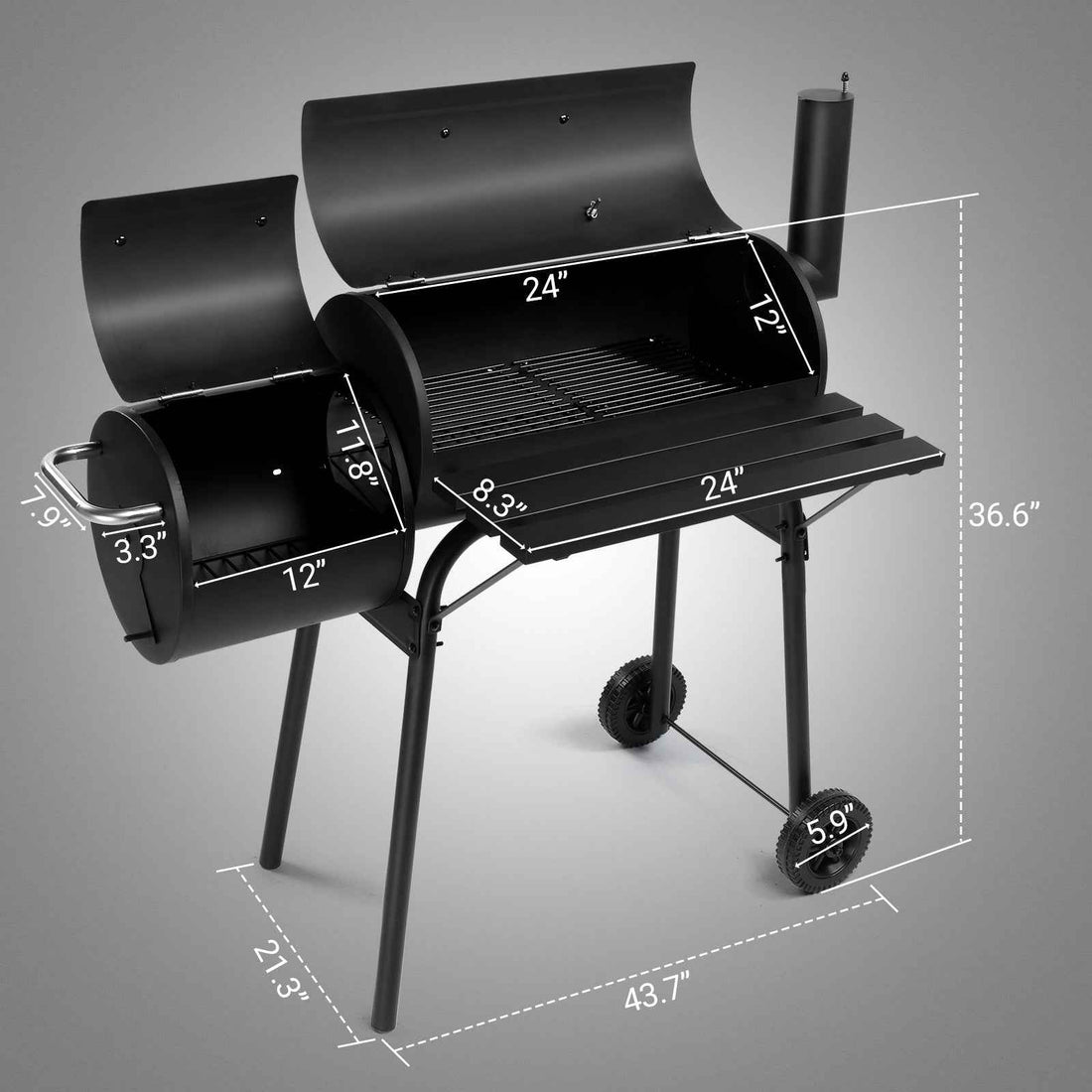 111x54x93cm Black, Double Cylinder, Wheeled, Smoked, Charcoal Grill