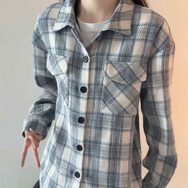 Sky Blue American Style Heavyweight Plaid Womens Shirt
