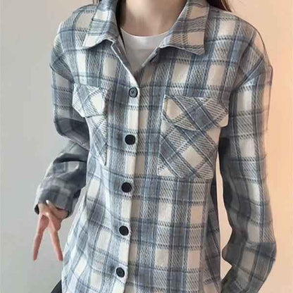 Sky Blue American Style Heavyweight Plaid Womens Shirt