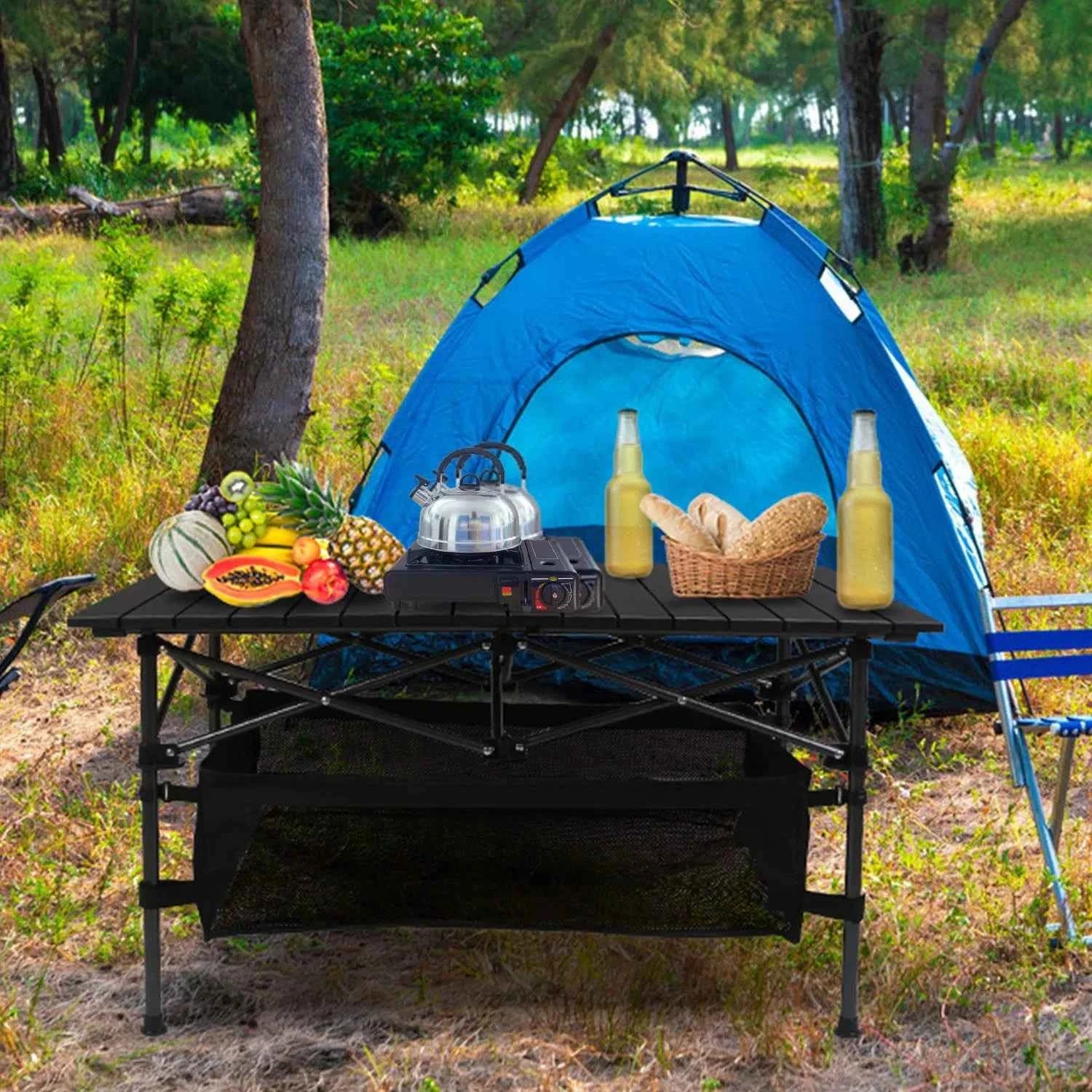 220 Lb Capacity Foldable Camping Table Aluminum Top &amp; Steel Frame With Mesh Basket Portable BBQ Picnic Beach Table Includes Carry Bag