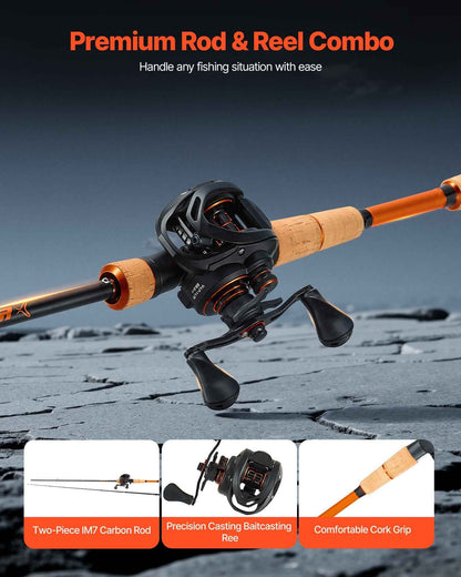 Rod And Fishing Reel Combo, IM7 Carbon Fiber Baitcasting Rod And Reel Combo, Bass Fishing Pole With 7+1 BB System, 7.0:1 Gear Ratio, Cork Handle, Stainless Steel Guides With Ceramic Rings