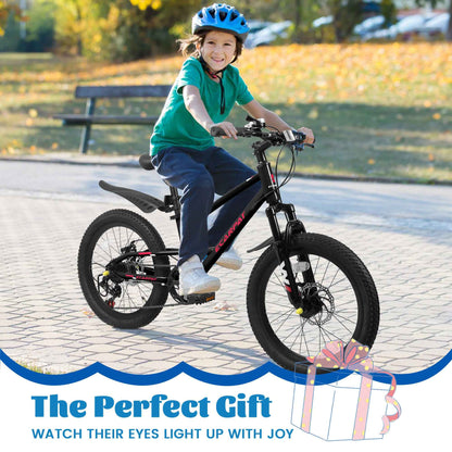A20184 20 Inch Mountain Kids Bike For Boys &amp; Girls, Ages 6-12, 7-Speed With Front Suspension
