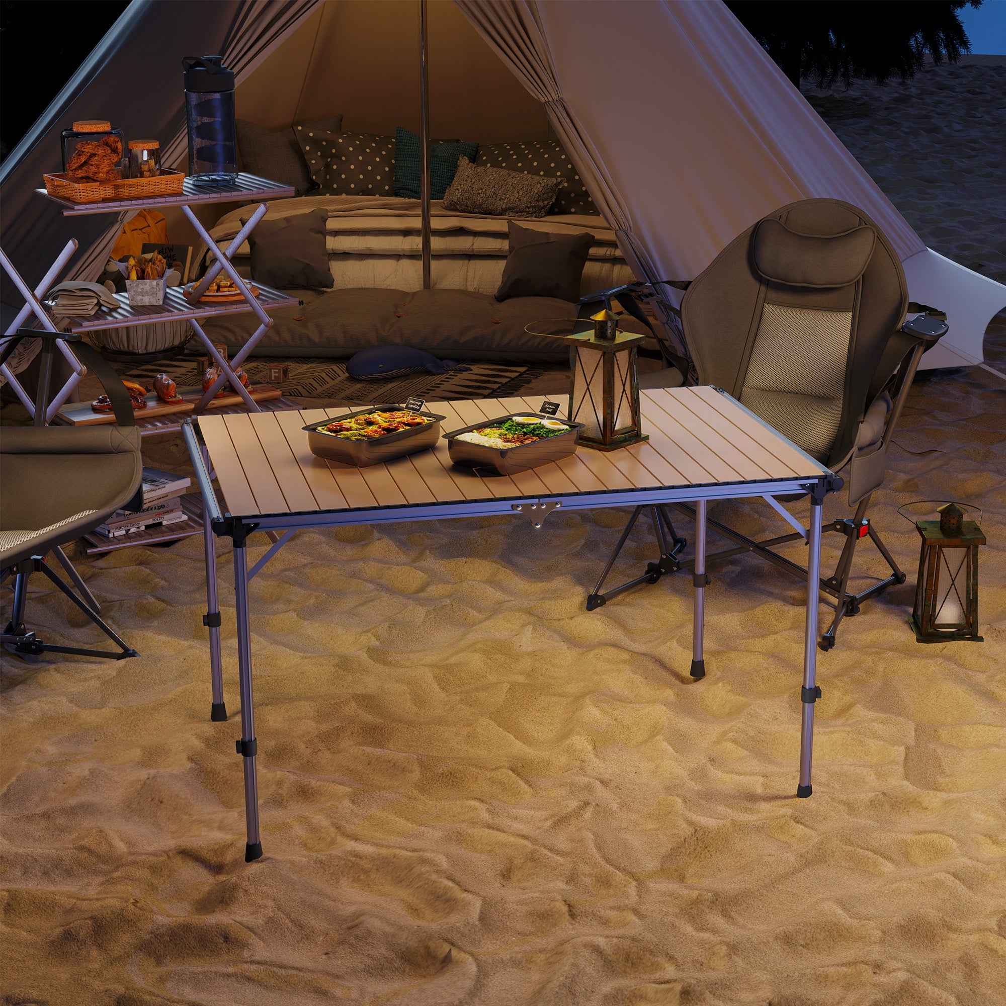 Folding Camping Table, Adjustable Height Aluminum Table, Portable Camping Table for Picnic, Beach, BBQ