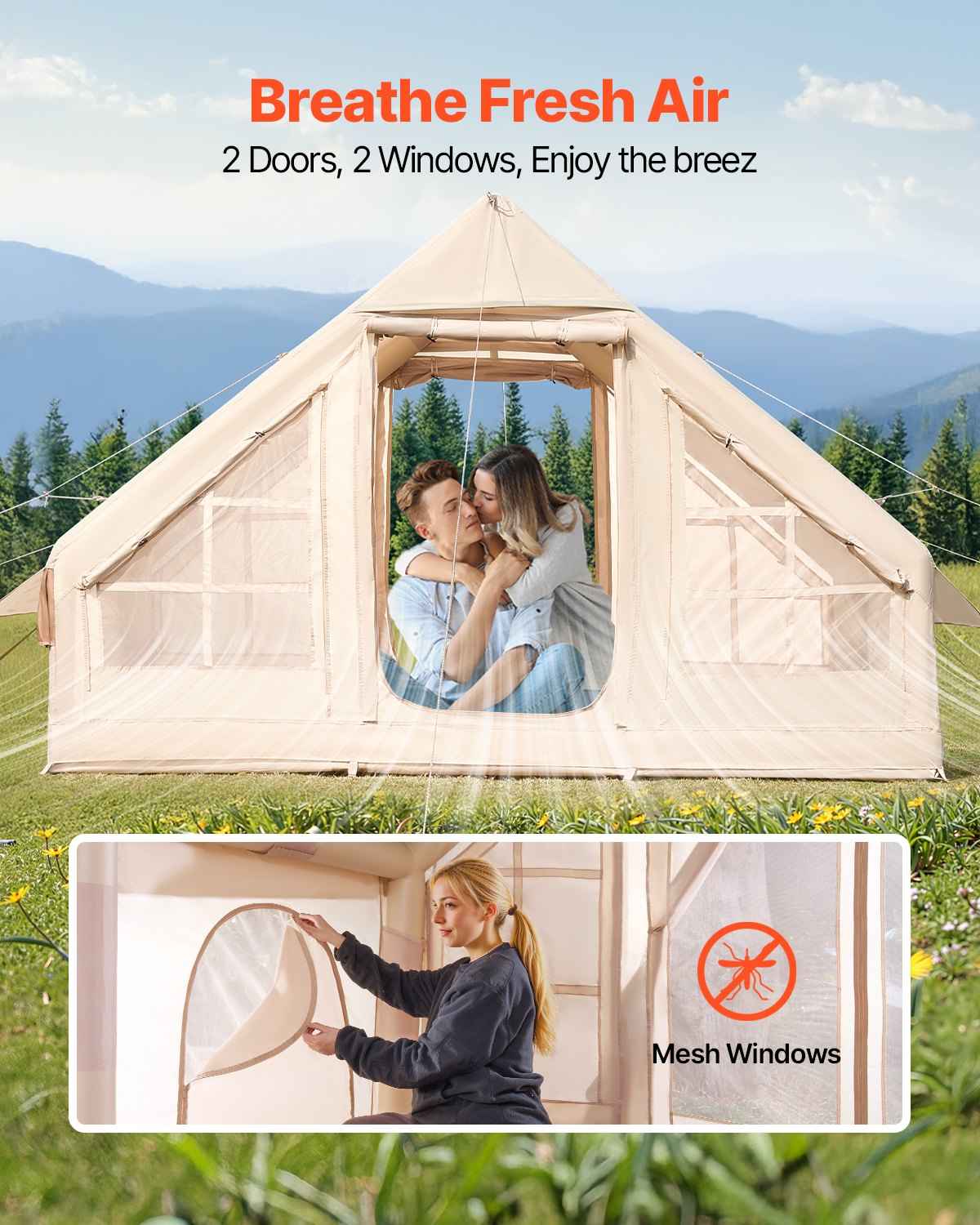 Inflatable Tents For Camping, 3-5 Person Easy Setup Blow Up Tent With Hand Pump, 300D Oxford 4 Season Glamping Tent With Stove Jack 2 Doors &amp; 2 Mesh Windows, Storage Bag Included For Easy Taking