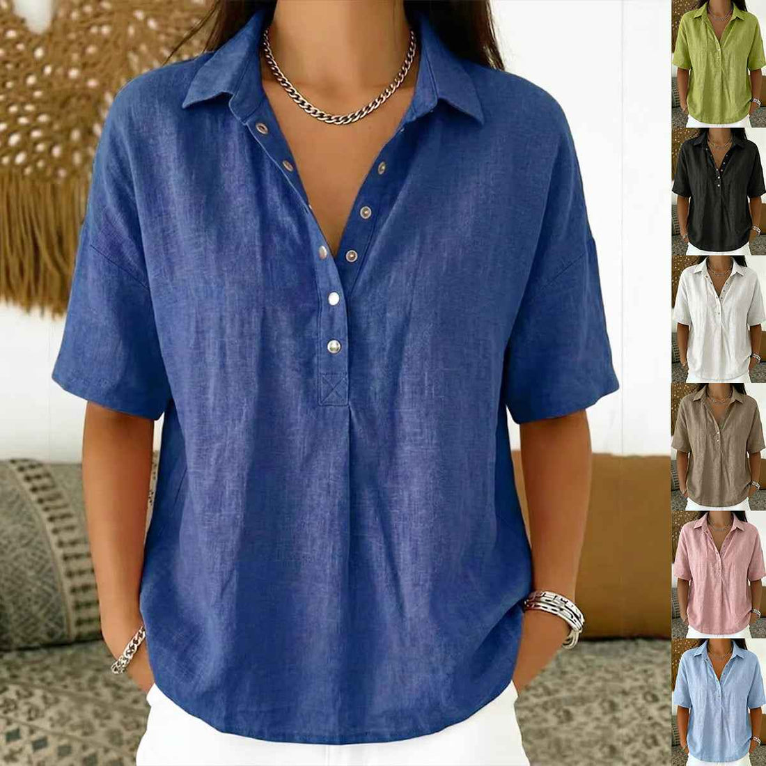 Summer Short-sleeved Shirt Button Pullover Top Fashion Casual Women&