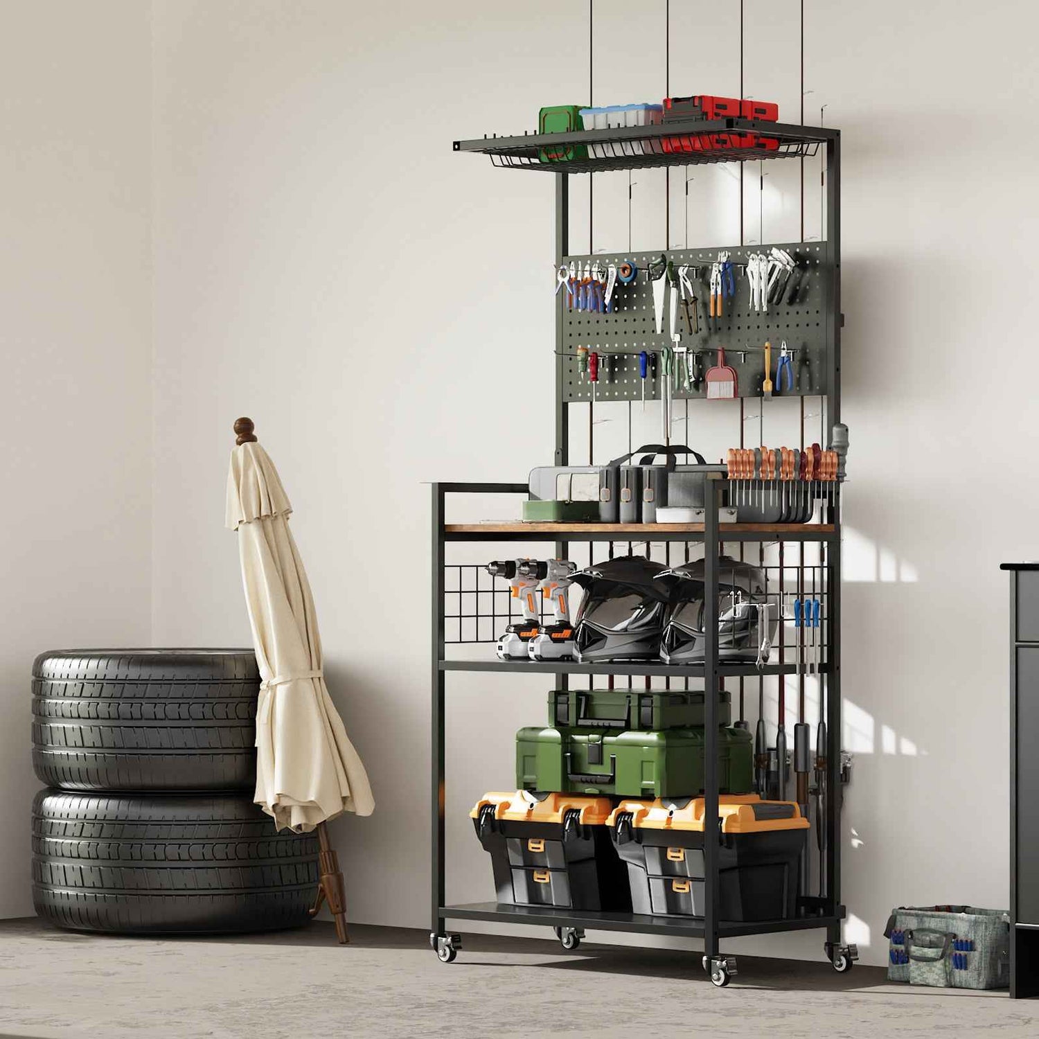 Fishing Rod Storage Rack With Pegboard, Rolling Tackle Organizer Cart, Multi-Tier Fishing Gear Stand For Rods, Reels, Tackle Boxes &amp; Bags, Heavy Duty Metal Holders With Lockable Wheels