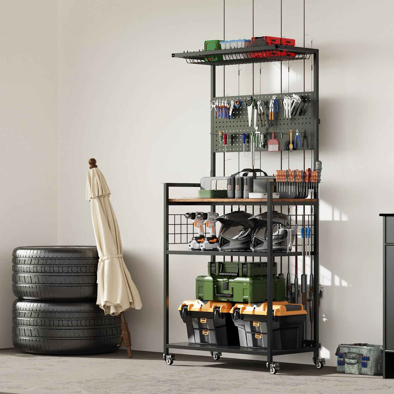 Fishing Rod Storage Rack With Pegboard, Rolling Tackle Organizer Cart, Multi-Tier Fishing Gear Stand For Rods, Reels, Tackle Boxes &amp; Bags, Heavy Duty Metal Holders With Lockable Wheels