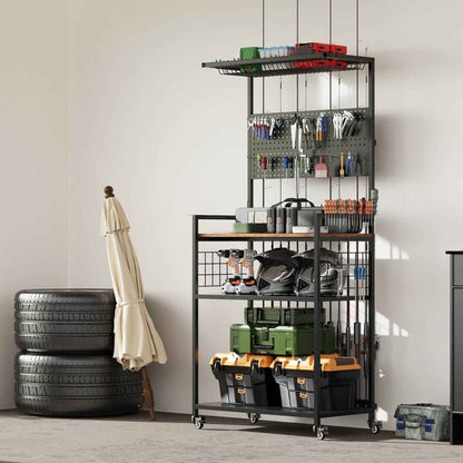 Fishing Rod Storage Rack With Pegboard, Rolling Tackle Organizer Cart, Multi-Tier Fishing Gear Stand For Rods, Reels, Tackle Boxes &amp; Bags, Heavy Duty Metal Holders With Lockable Wheels