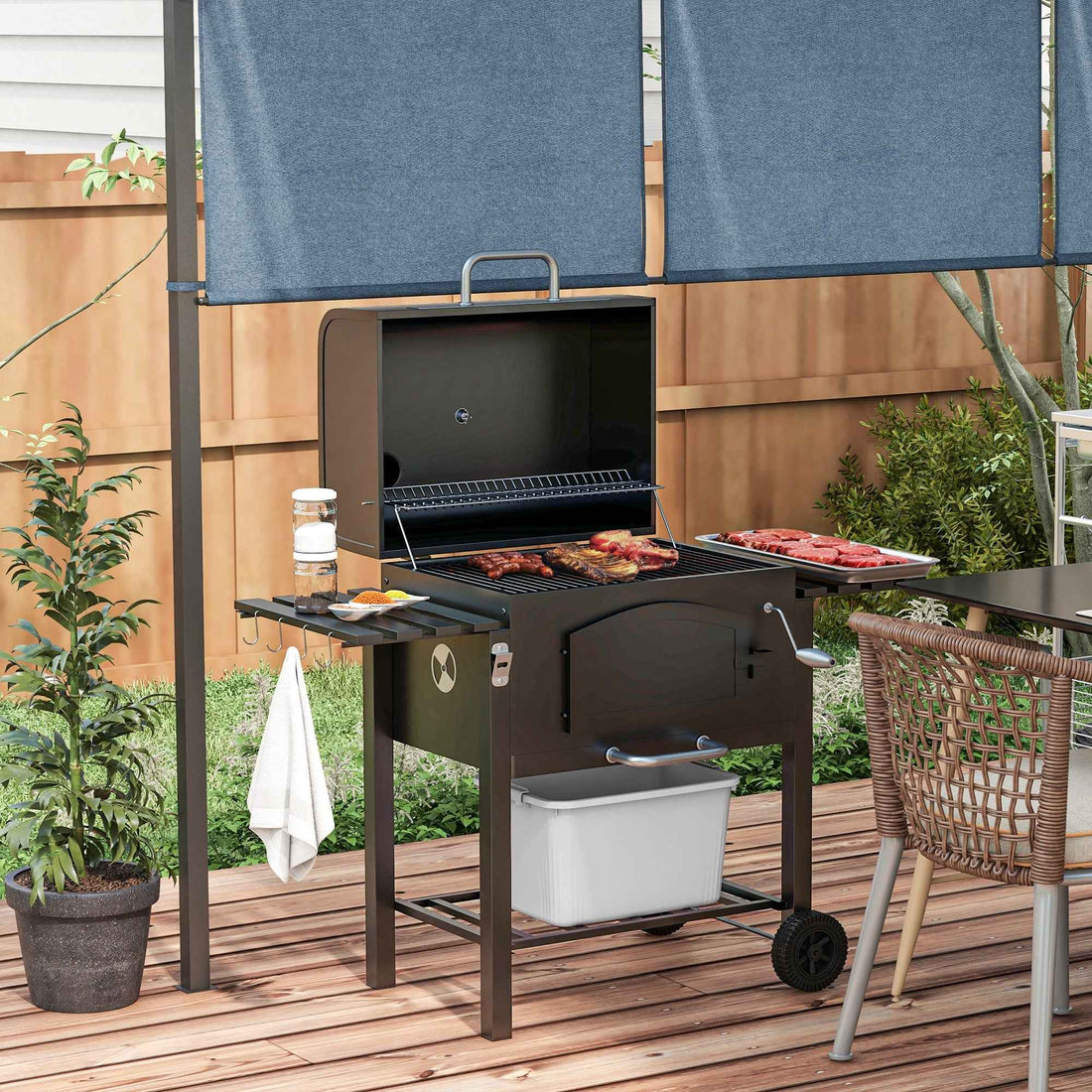 Charcoal BBQ Grill w/ Adjustable Height, Folding Shelves, Thermometer, and Wheels, Black
