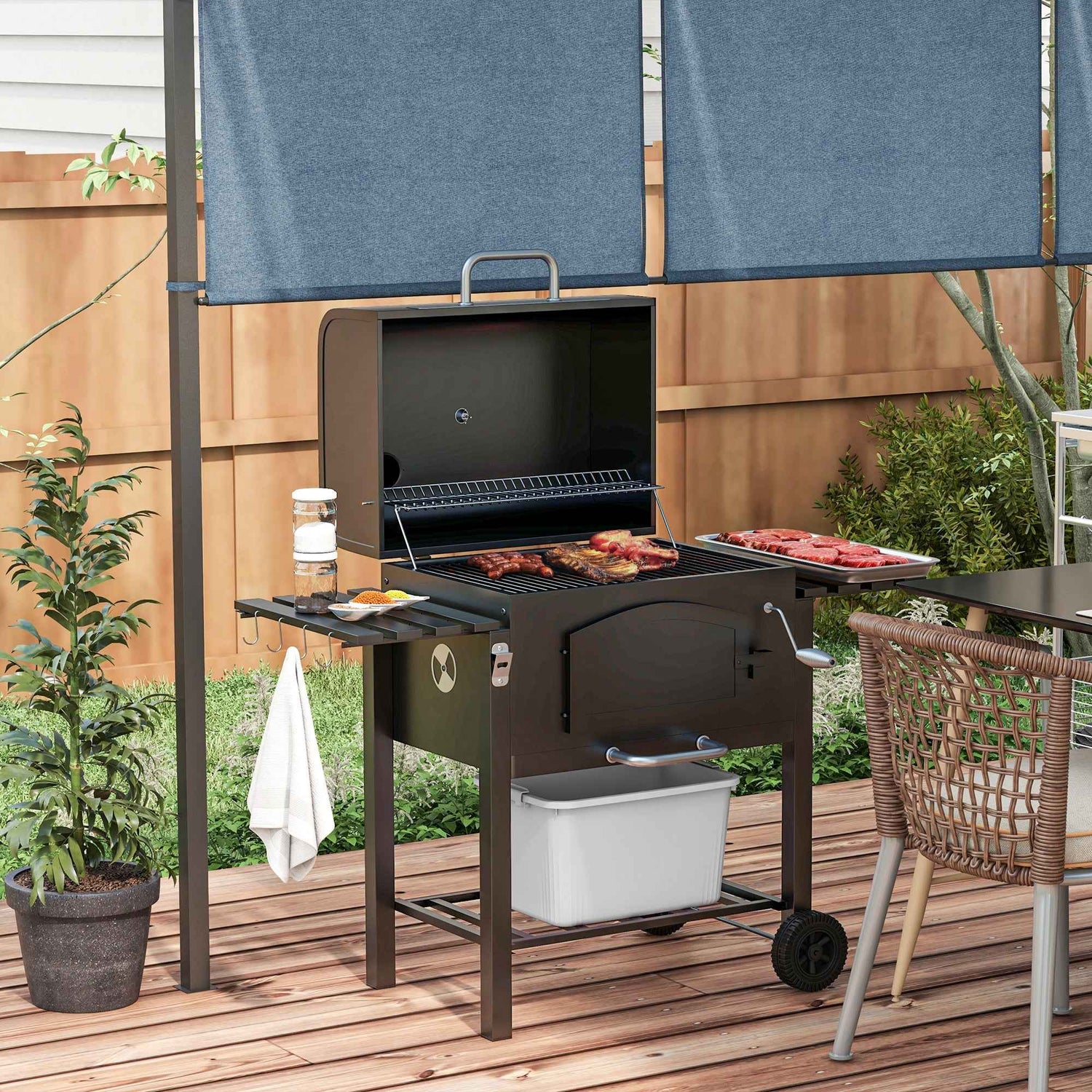 Charcoal BBQ Grill w/ Adjustable Height, Folding Shelves, Thermometer, and Wheels, Black