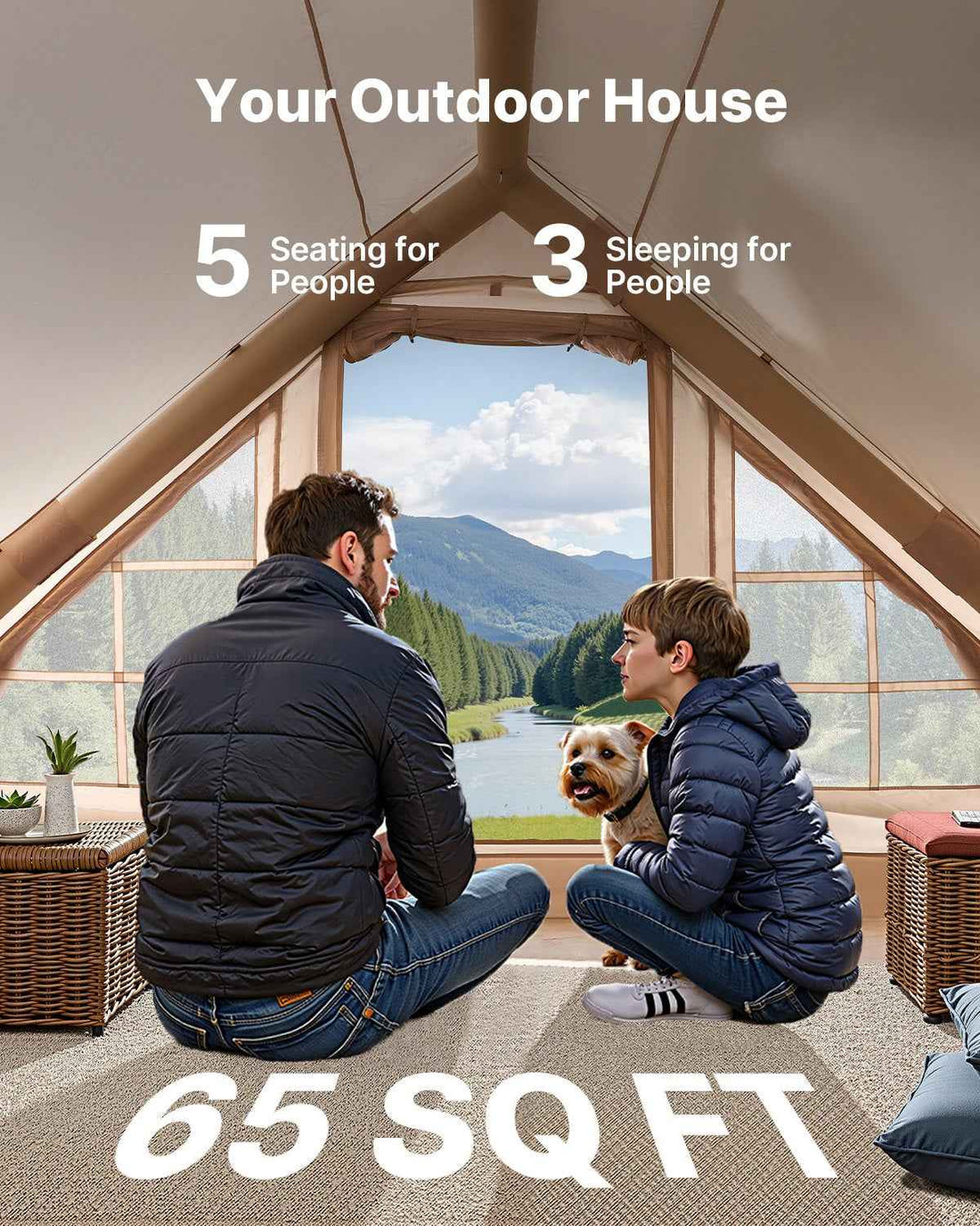 Inflatable Tents For Camping, 3-5 Person Easy Setup Blow Up Tent With Hand Pump, 300D Oxford 4 Season Glamping Tent With Stove Jack 2 Doors &amp; 2 Mesh Windows, Storage Bag Included For Easy Taking