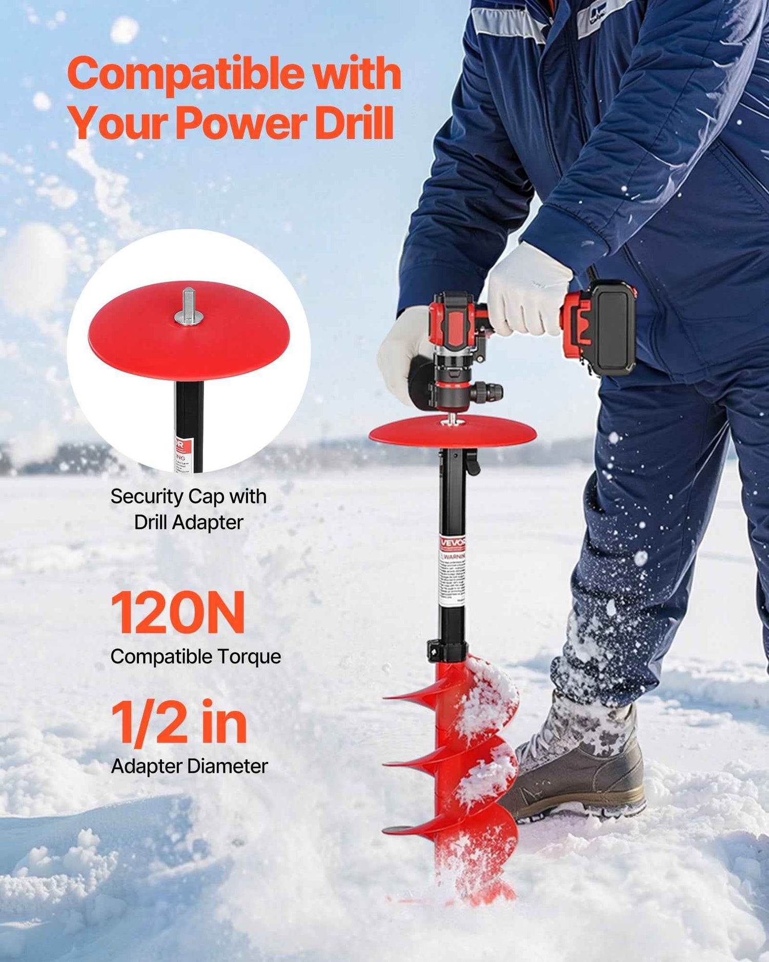 Ice Auger Drill Bit, 8in Diameter 39in Length, Cordless Nylon Ice Fishing Augers With Extra 13.4in Extension Rod, Drill Adapter, Top Plate And Blade Guard