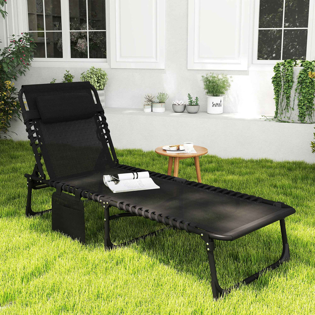 Reclining Chaise Lounge Chair, Portable Sun Lounger, Folding Camping Cot with Adjustable Backrest and Removable Pillow, for Patio, Garden, Beach, Black